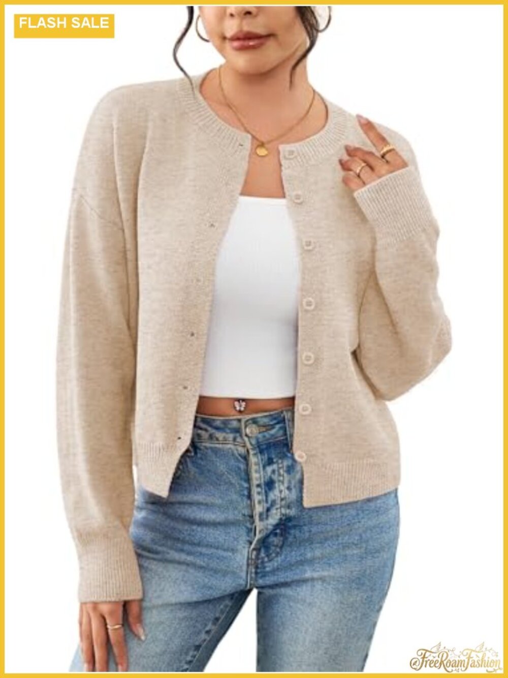 Cropped Cardigan Sweater Women Button Up Crew Neck Knit Fall Layering